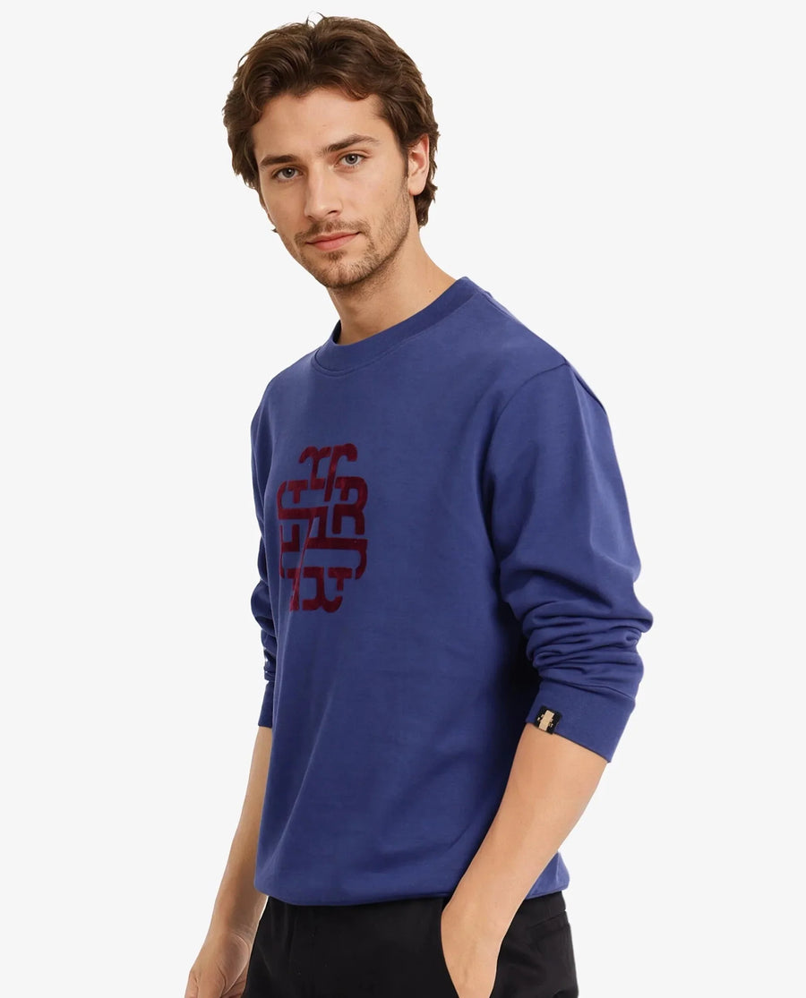 Rare Rabbit Men's Toxon Navy Cotton Blend Graphic Print Regular Fit Full Sleeve Crew Neck Sweatshirt