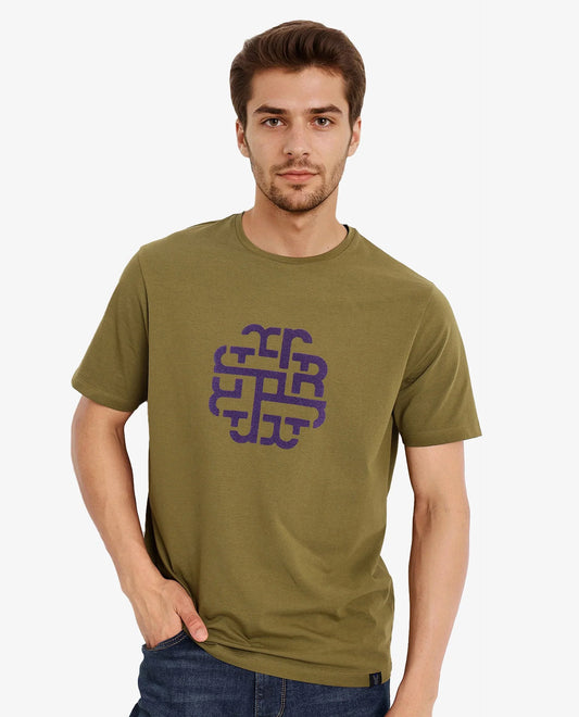 Rare Rabbit Men's Toxy Olive Cotton Graphic Print Regular Fit Half Sleeve Crew Neck T-Shirt