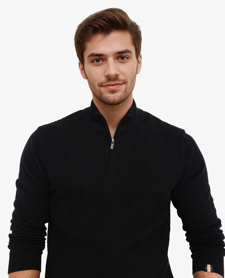 Rare Rabbit Men's Toyder Black Cotton Textured Regular Fit Full Sleeve High Neck Sweater