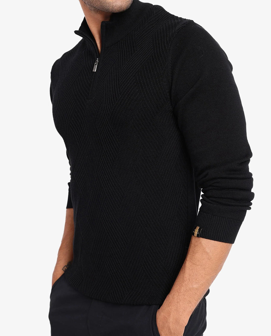 Rare Rabbit Men's Toyder Black Cotton Textured Regular Fit Full Sleeve High Neck Sweater