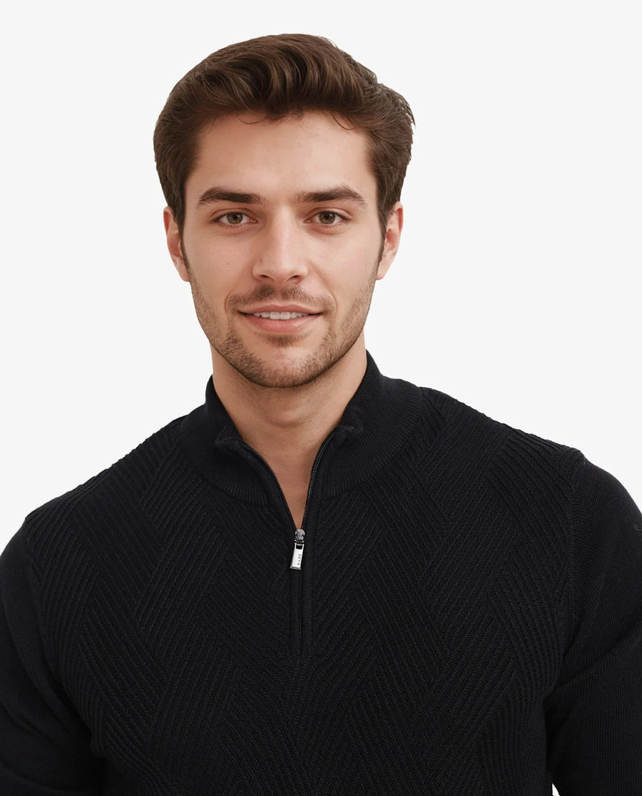 Rare Rabbit Men's Toyder Black Cotton Textured Regular Fit Full Sleeve High Neck Sweater