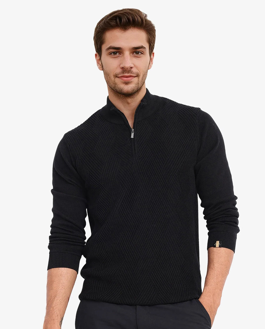 Rare Rabbit Men's Toyder Black Cotton Textured Regular Fit Full Sleeve High Neck Sweater