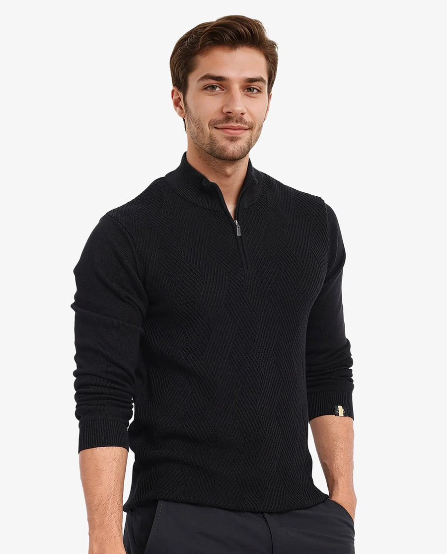 Rare Rabbit Men's Toyder Black Cotton Textured Regular Fit Full Sleeve High Neck Sweater
