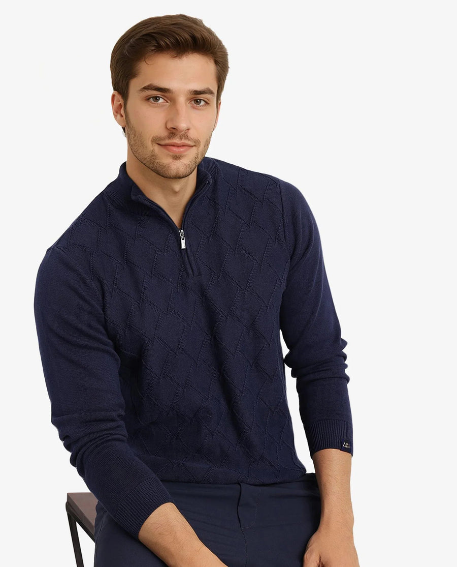 Rare Rabbit Men's Toyder Navy Cotton Textured Regular Fit Full Sleeve High Neck Sweater