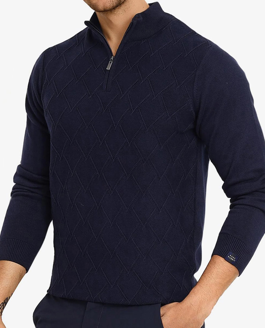 Rare Rabbit Men's Toyder Navy Cotton Textured Regular Fit Full Sleeve High Neck Sweater