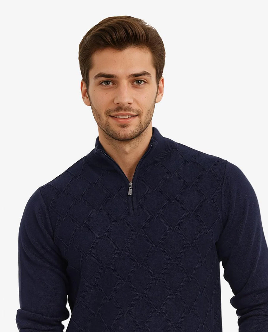 Rare Rabbit Men's Toyder Navy Cotton Textured Regular Fit Full Sleeve High Neck Sweater
