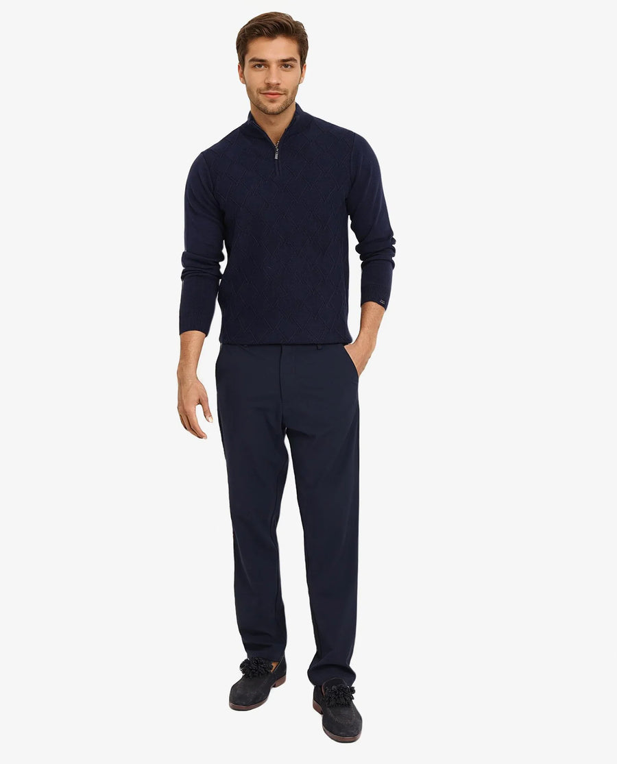 Rare Rabbit Men's Toyder Navy Cotton Textured Regular Fit Full Sleeve High Neck Sweater
