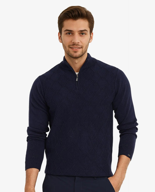 Rare Rabbit Men's Toyder Navy Cotton Textured Regular Fit Full Sleeve High Neck Sweater