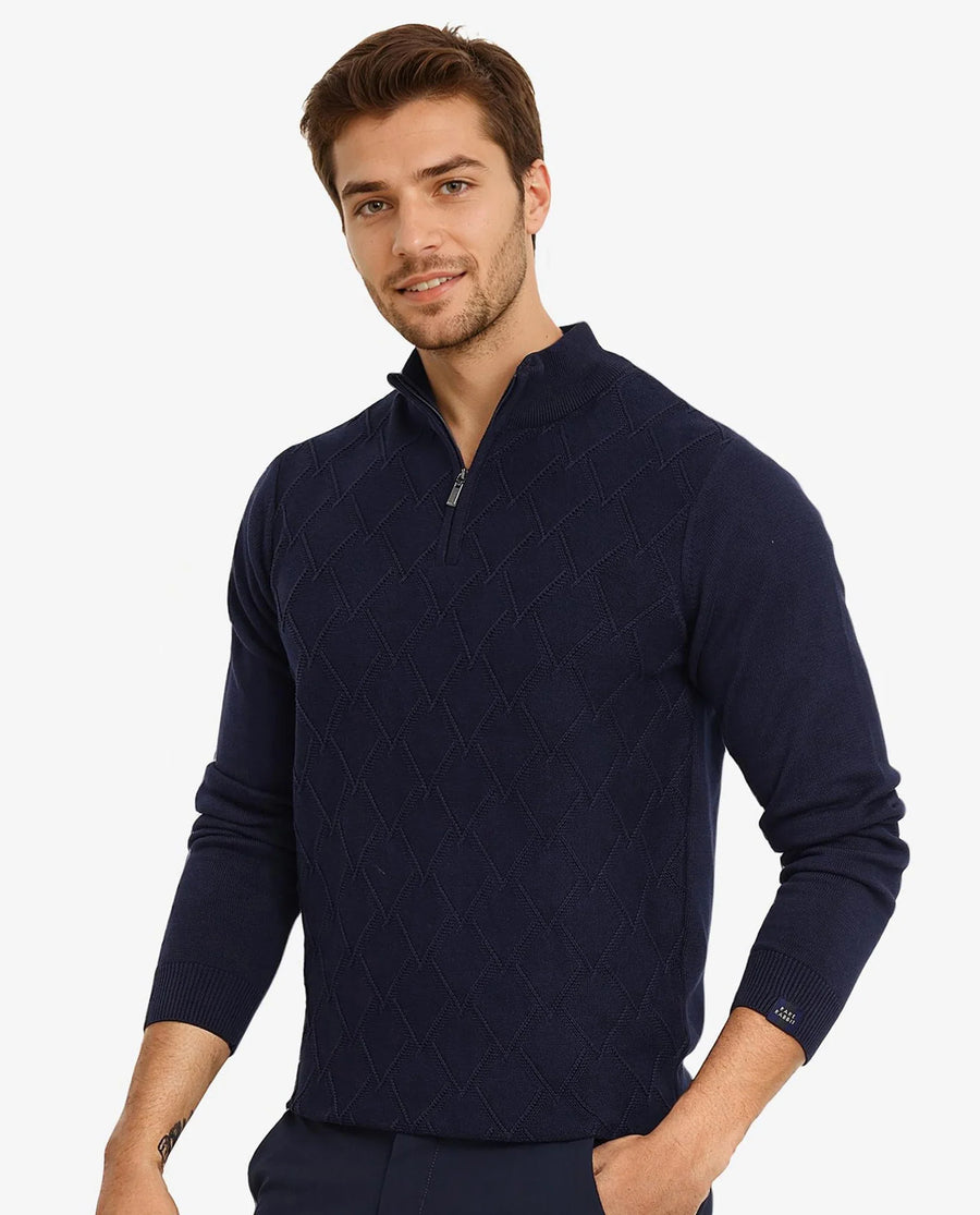 Rare Rabbit Men's Toyder Navy Cotton Textured Regular Fit Full Sleeve High Neck Sweater