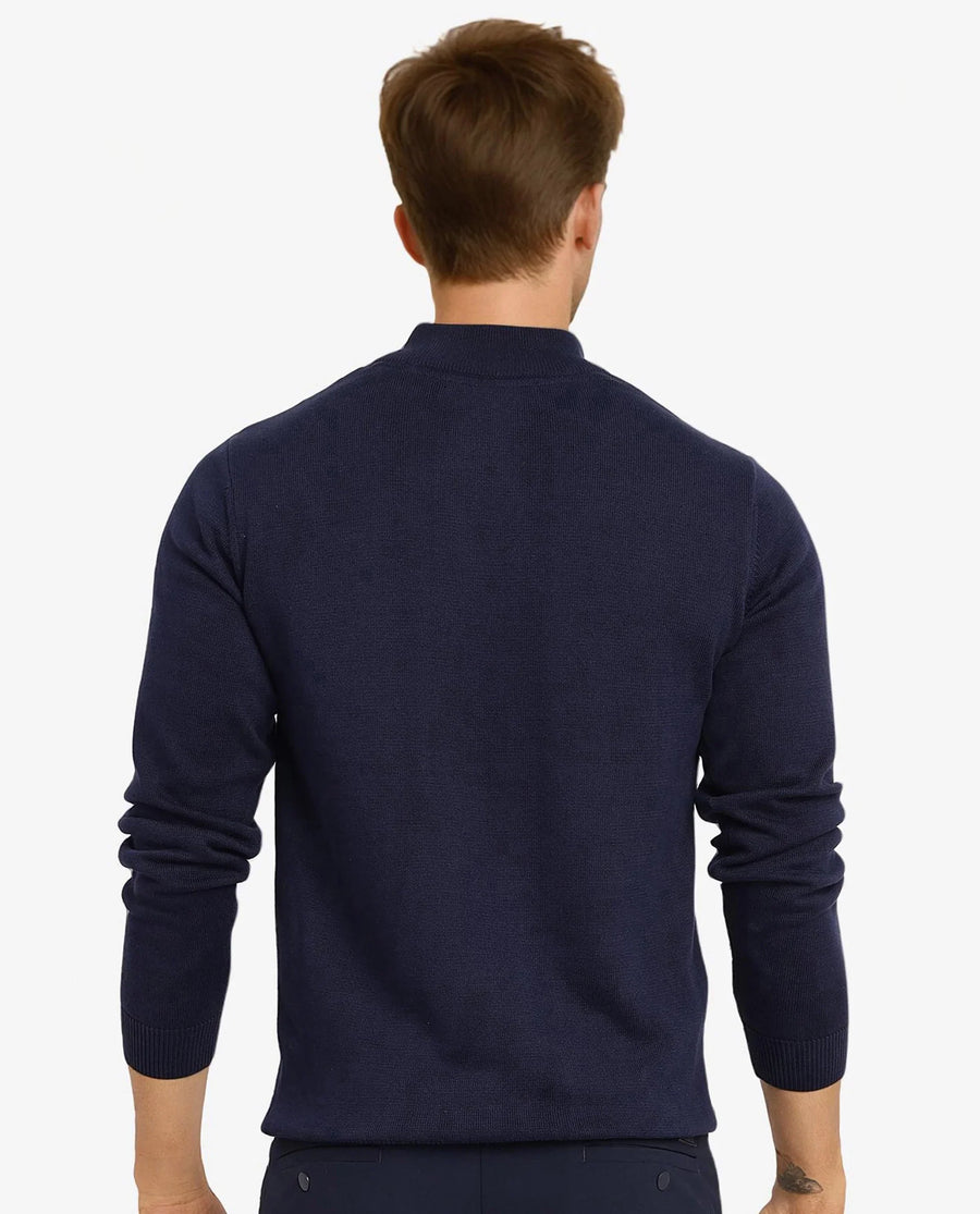 Rare Rabbit Men's Toyder Navy Cotton Textured Regular Fit Full Sleeve High Neck Sweater