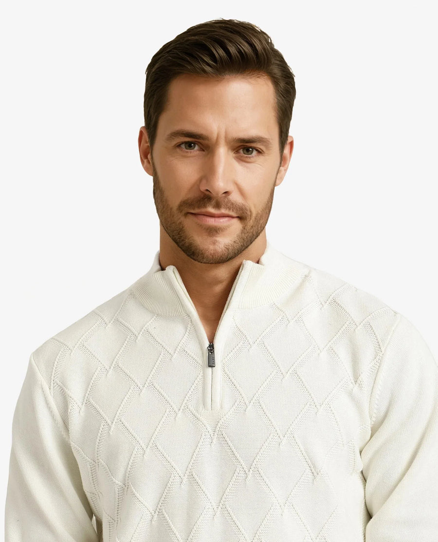 Rare Rabbit Men's Toyder Off White Cotton Textured Regular Fit Full Sleeve High Neck Sweater