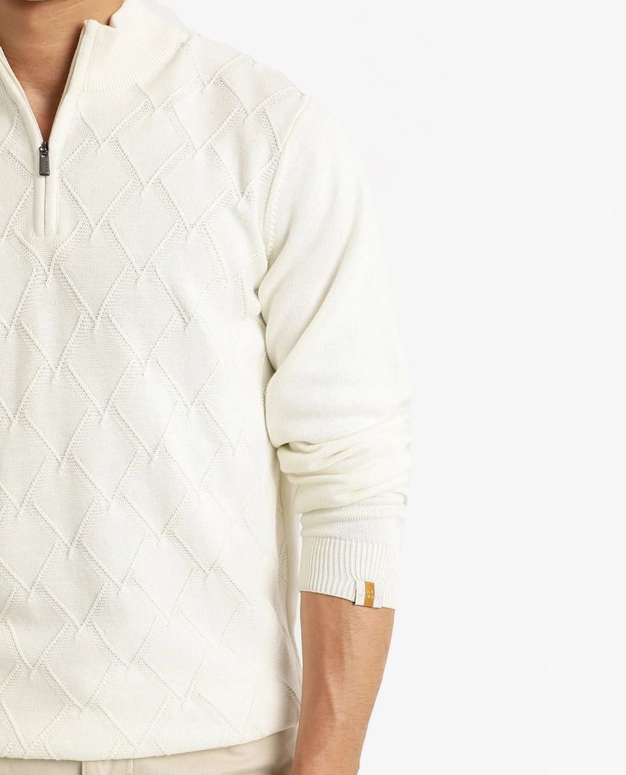 Rare Rabbit Men's Toyder Off White Cotton Textured Regular Fit Full Sleeve High Neck Sweater