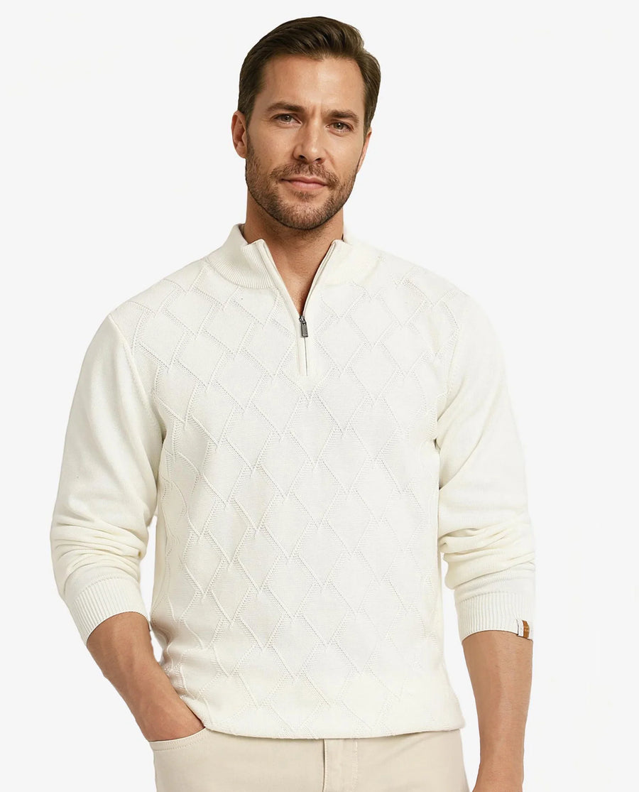Rare Rabbit Men's Toyder Off White Cotton Textured Regular Fit Full Sleeve High Neck Sweater