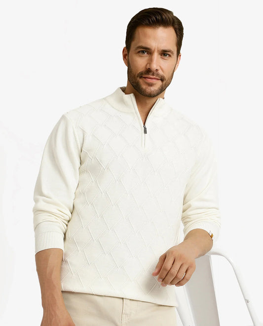 Rare Rabbit Men's Toyder Off White Cotton Textured Regular Fit Full Sleeve High Neck Sweater