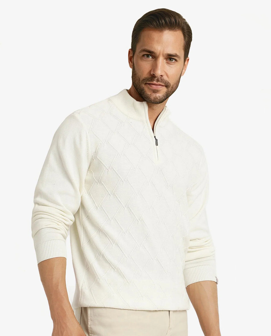 Rare Rabbit Men's Toyder Off White Cotton Textured Regular Fit Full Sleeve High Neck Sweater