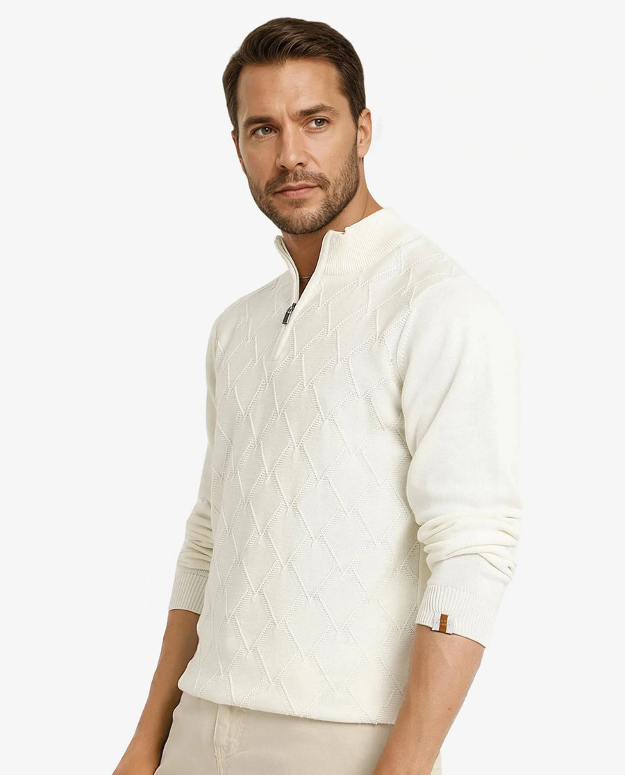 Rare Rabbit Men's Toyder Off White Cotton Textured Regular Fit Full Sleeve High Neck Sweater