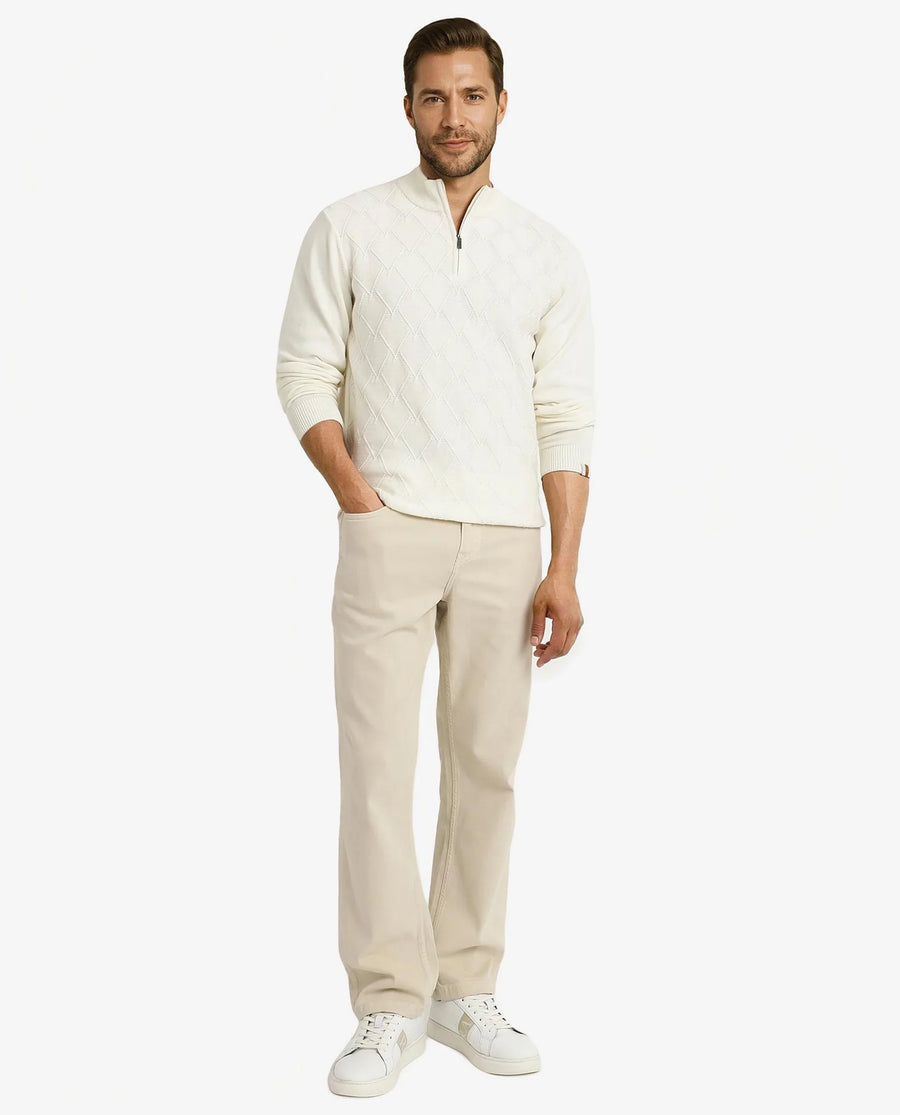 Rare Rabbit Men's Toyder Off White Cotton Textured Regular Fit Full Sleeve High Neck Sweater