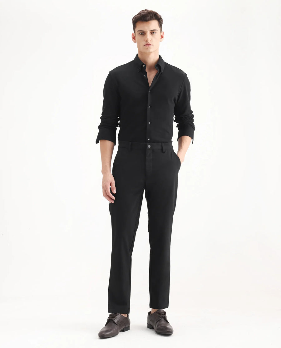 Rare Rabbit Men's Travel-25 Black Polyester Blend Plain Regular Fit Trouser