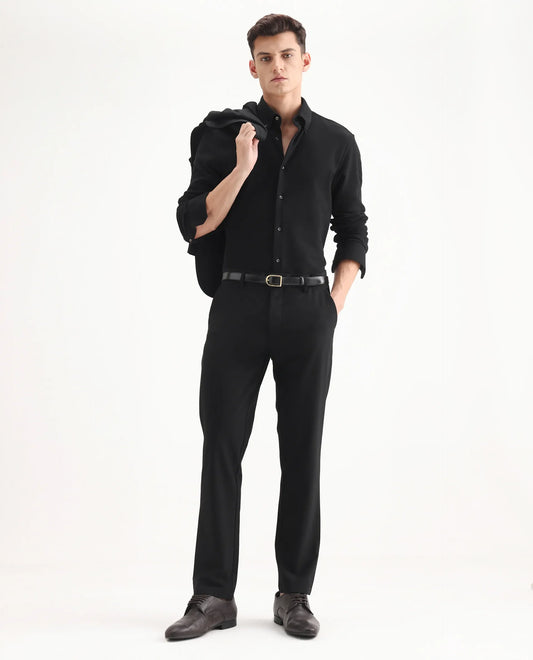 Rare Rabbit Men's Travel-25 Black Polyester Blend Plain Regular Fit Trouser