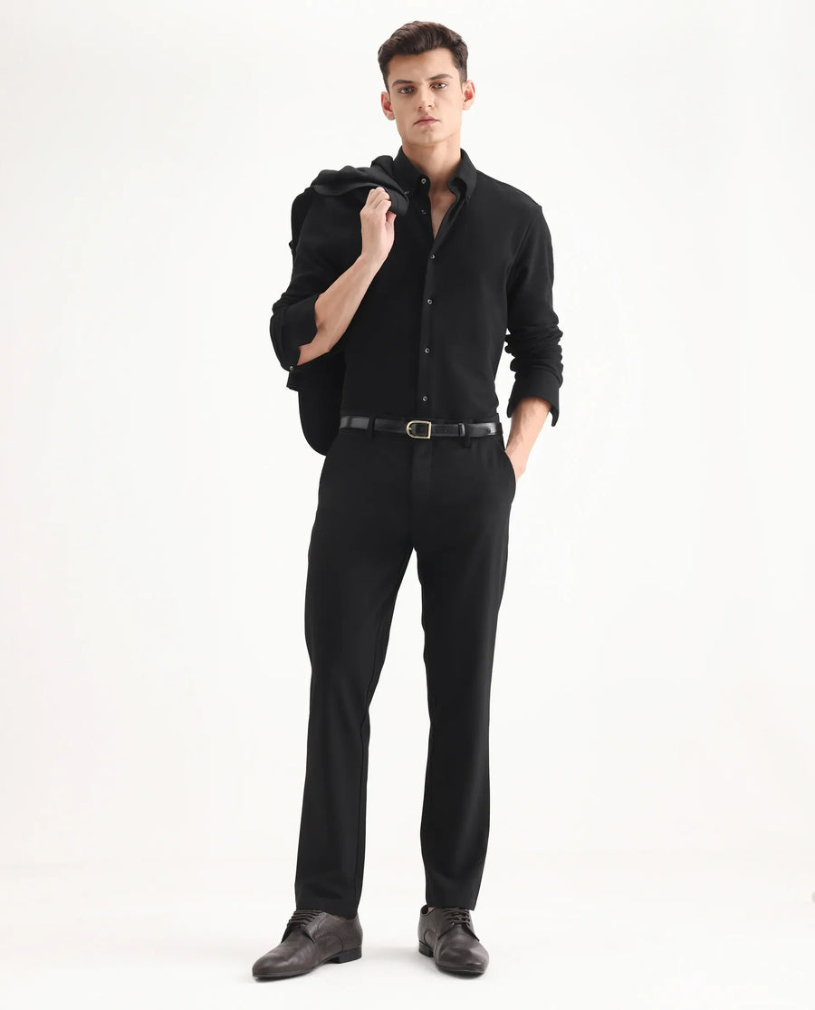 Rare Rabbit Men's Travel-25 Black Polyester Blend Plain Regular Fit Trouser