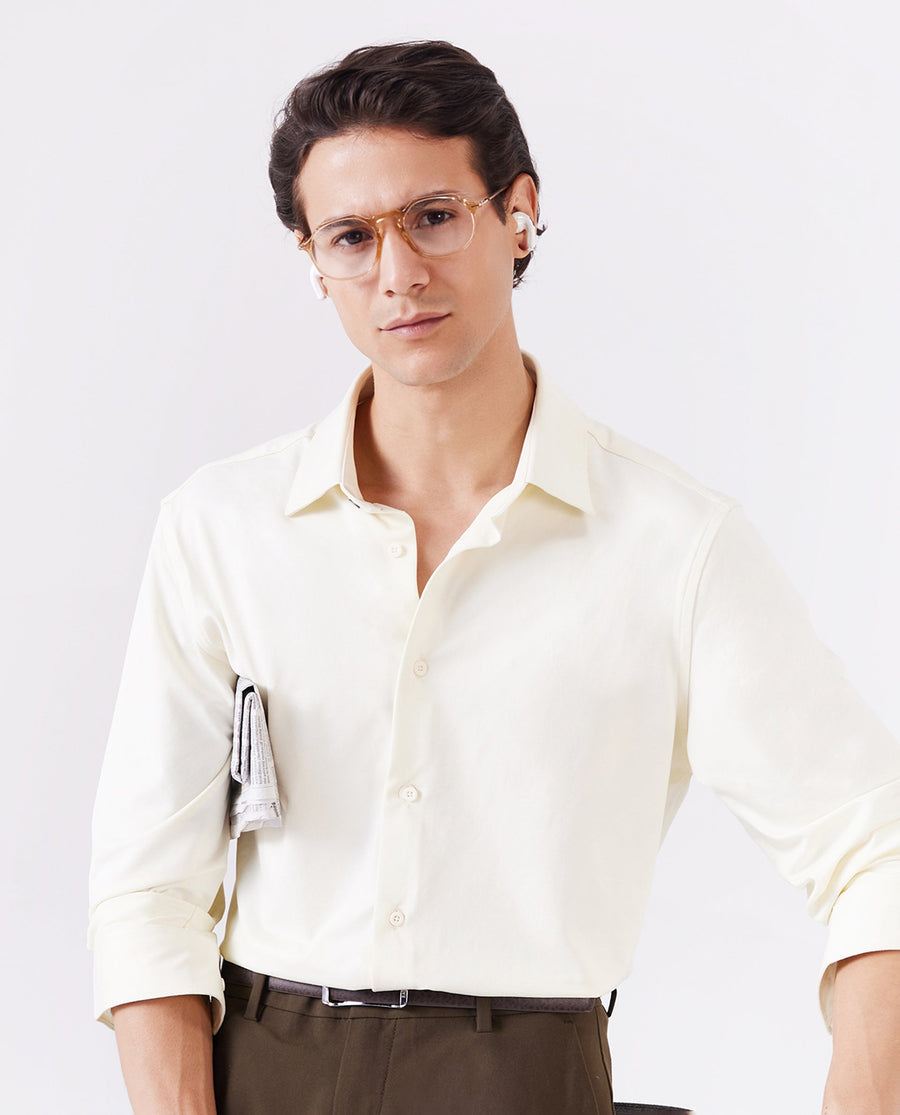Rare Rabbit Men's Tour Pastel Yellow Cotton Blend Plain Regular Fit Full Sleeve Collared Shirt