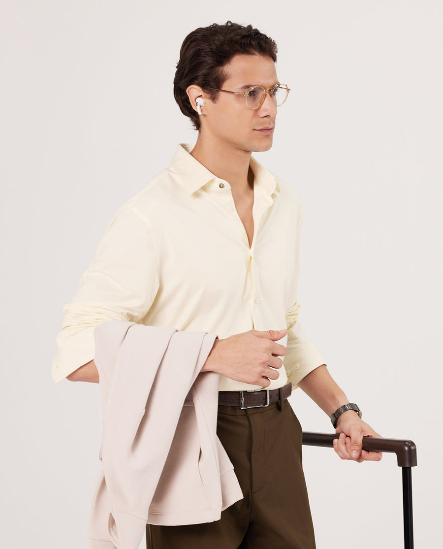 Rare Rabbit Men's Tour Pastel Yellow Cotton Blend Plain Regular Fit Full Sleeve Collared Shirt