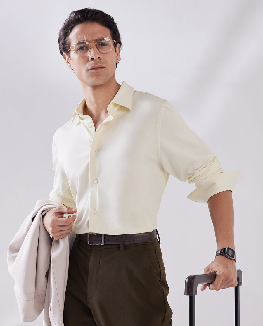 Rare Rabbit Men's Tour Pastel Yellow Cotton Blend Plain Regular Fit Full Sleeve Collared Shirt