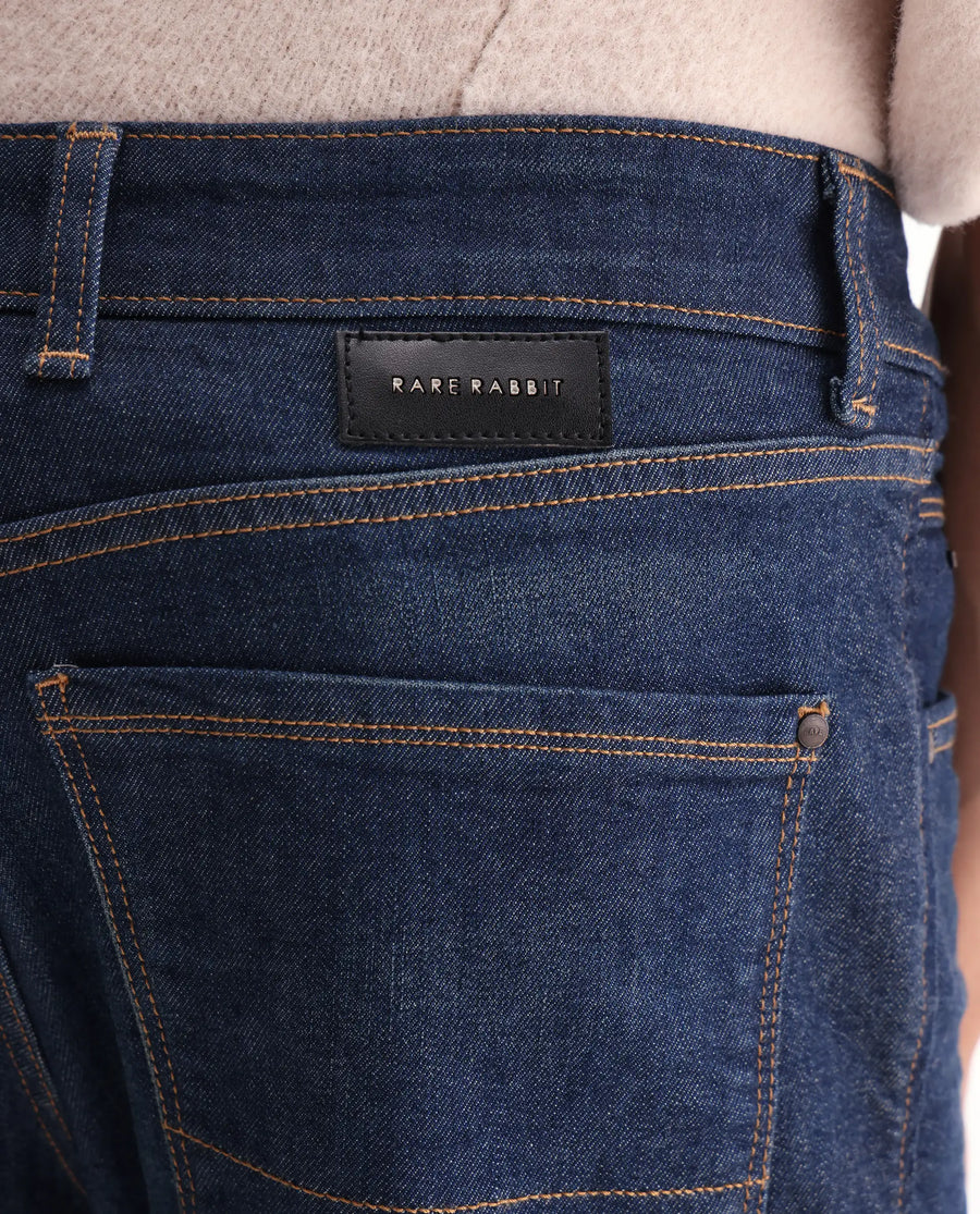 Rare Rabbit Men's Traingle Blue Cotton Blend Plain Morris Regular Fit Jeans