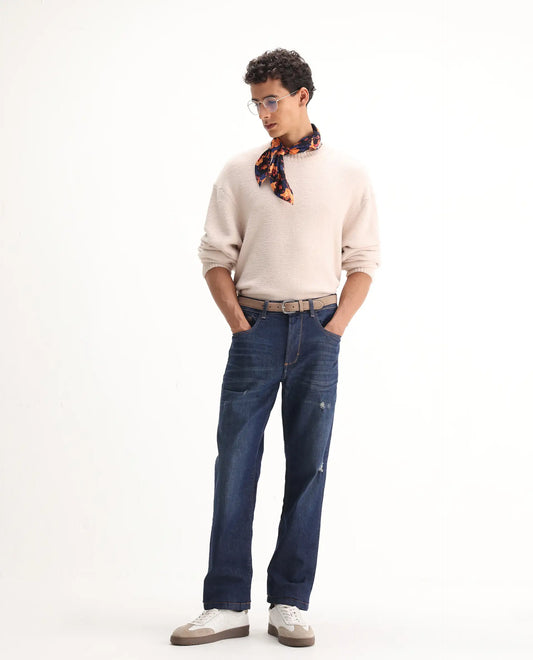 Rare Rabbit Men's Traingle Blue Cotton Blend Plain Morris Regular Fit Jeans