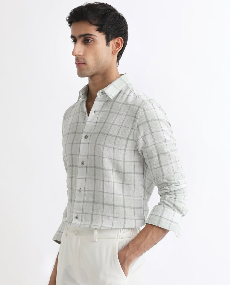 Rare Rabbit Men's Tropea Light Green Cotton Checked Print Regular Fit Full Sleeve Collared Shirt
