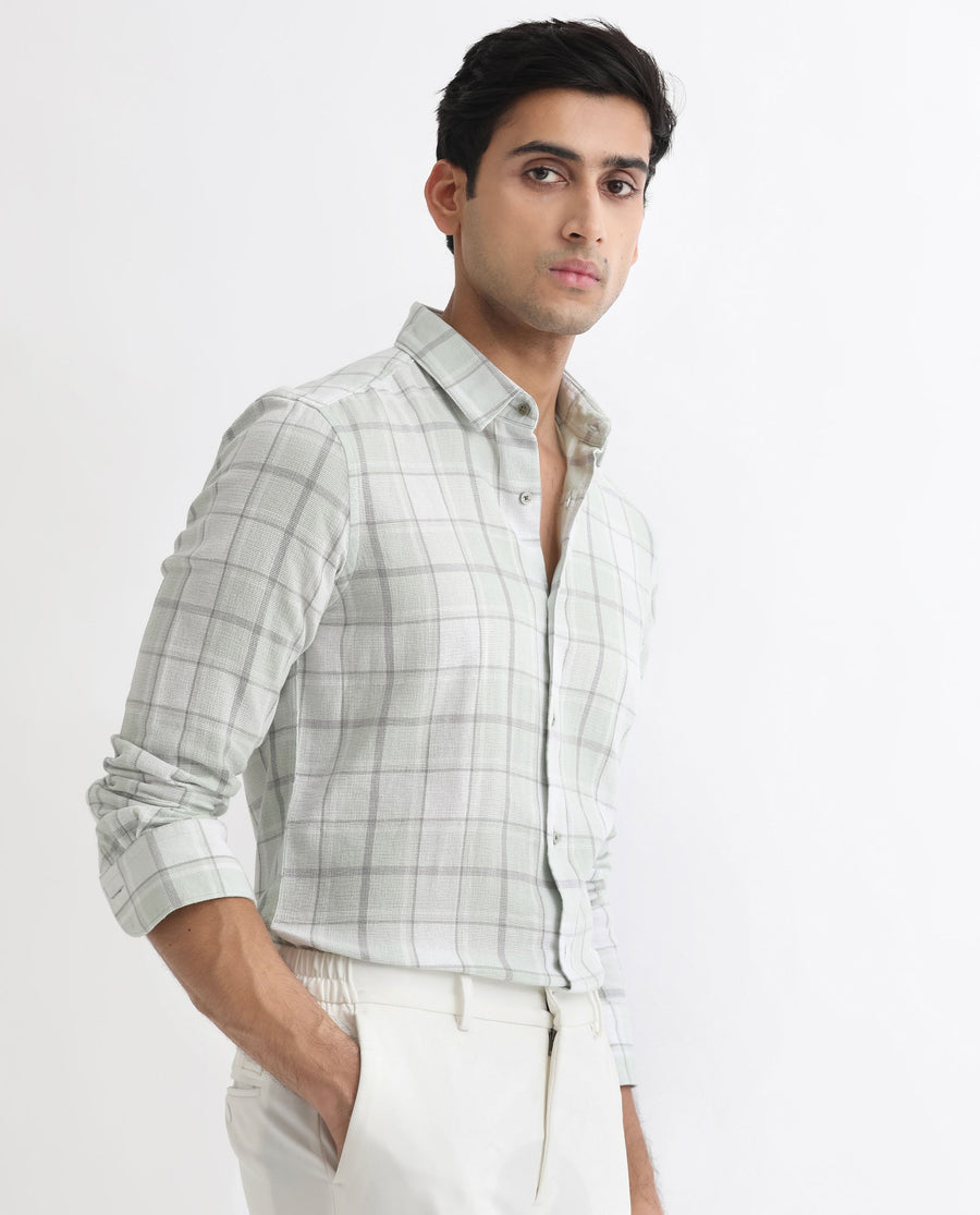 Rare Rabbit Men's Tropea Light Green Cotton Checked Print Regular Fit Full Sleeve Collared Shirt