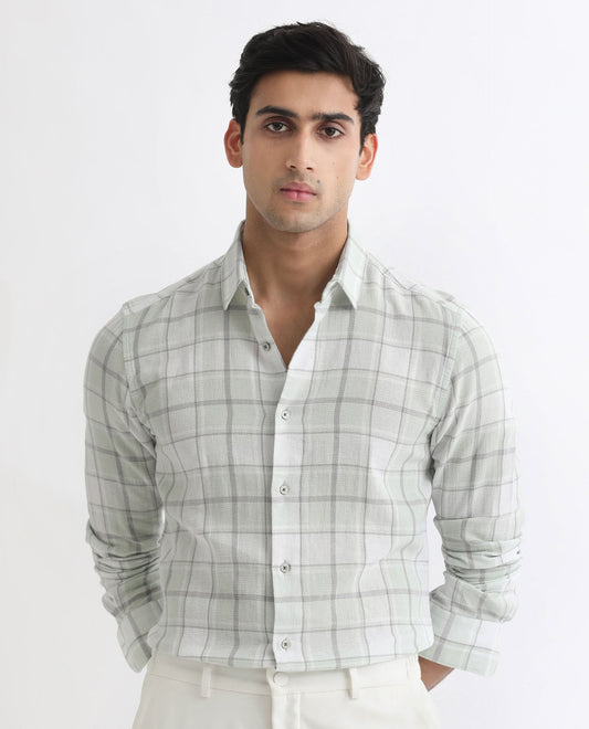 Rare Rabbit Men's Tropea Light Green Cotton Checked Print Regular Fit Full Sleeve Collared Shirt