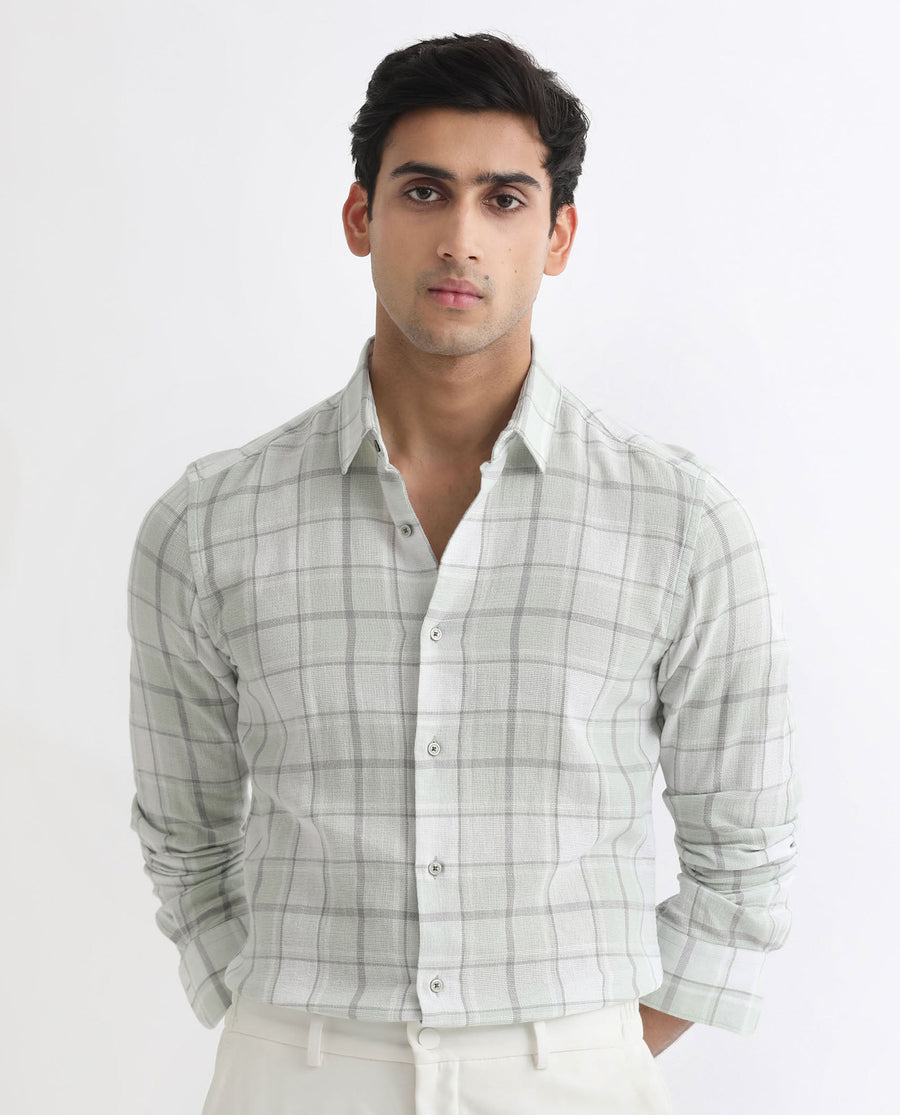 Rare Rabbit Men's Tropea Light Green Cotton Checked Print Regular Fit Full Sleeve Collared Shirt