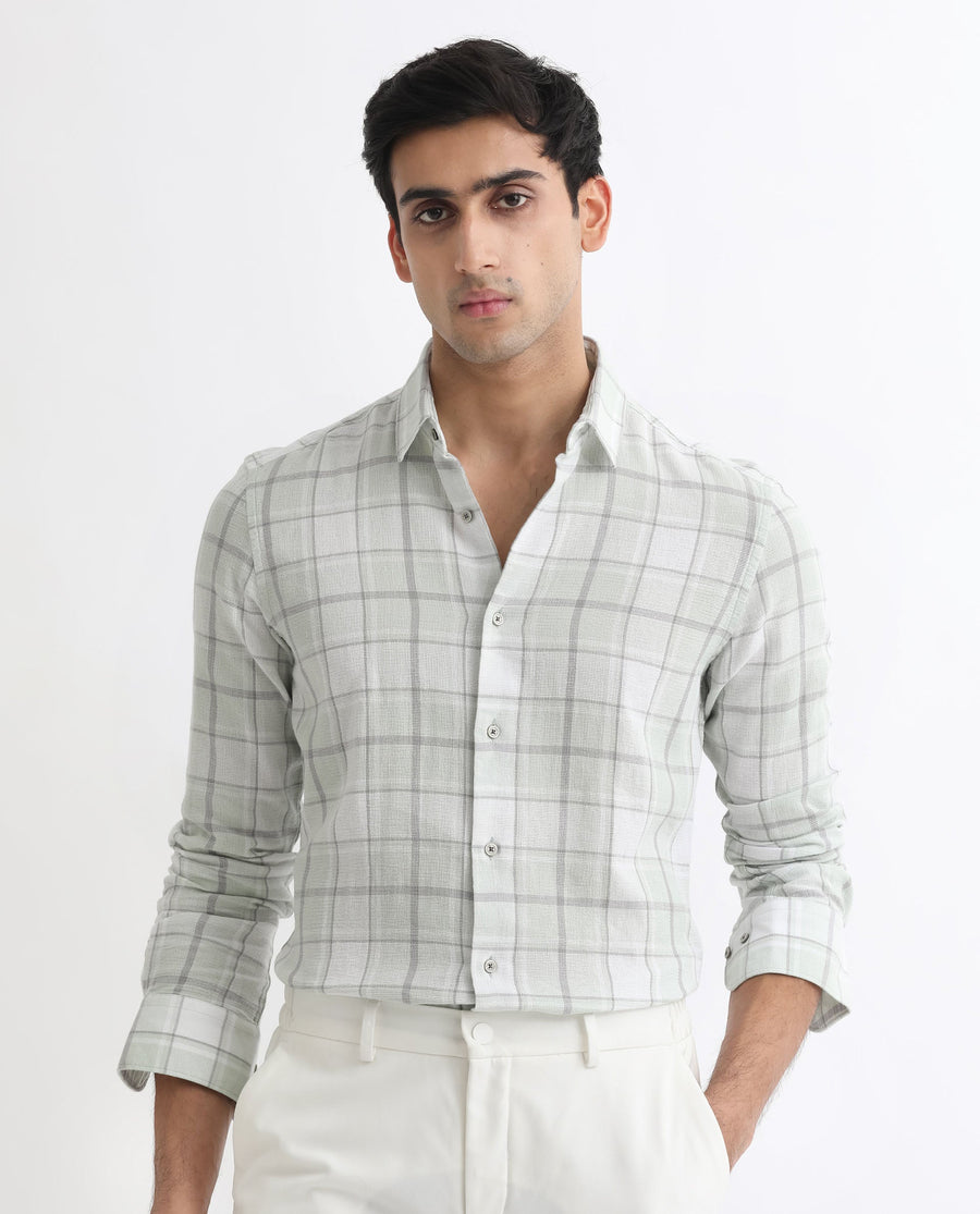 Rare Rabbit Men's Tropea Light Green Cotton Checked Print Regular Fit Full Sleeve Collared Shirt