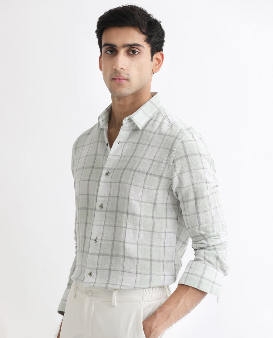 Rare Rabbit Men's Tropea Light Green Cotton Checked Print Regular Fit Full Sleeve Collared Shirt