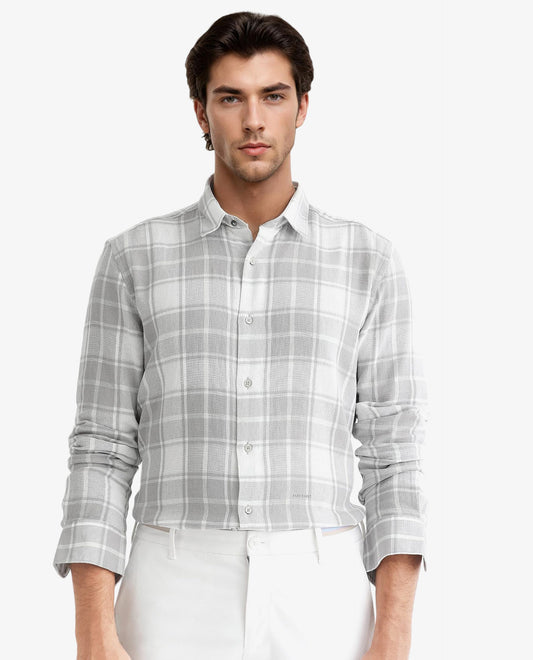 Rare Rabbit Men's Tropea Light Grey Cotton Checked Print Regular Fit Full Sleeve Collared Shirt
