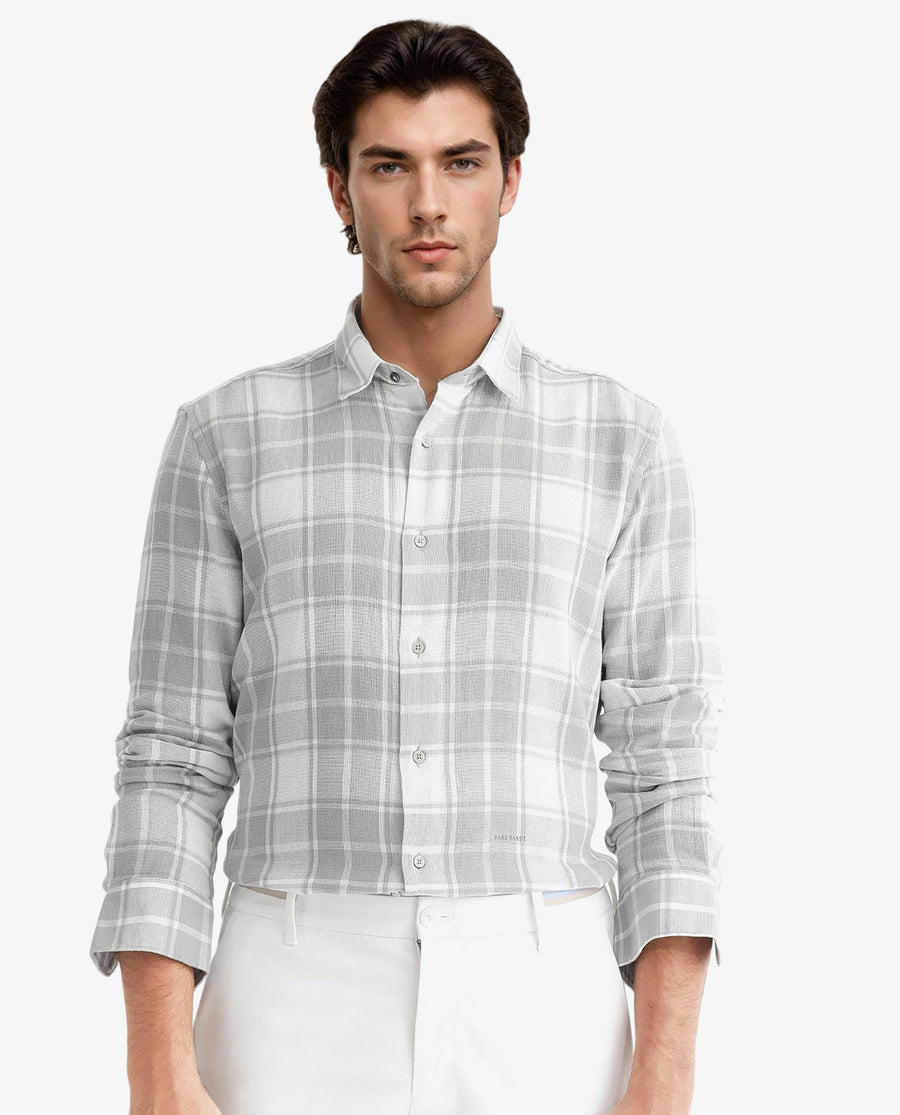 Rare Rabbit Men's Tropea Light Grey Cotton Checked Print Regular Fit Full Sleeve Collared Shirt