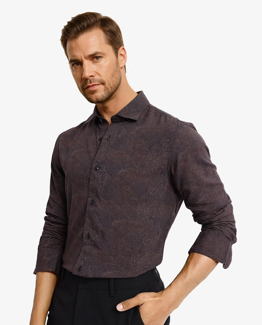 Rare Rabbit Men's Troyen Black Viscose Geometric Print Regular Fit Full Sleeve Collared Shirt