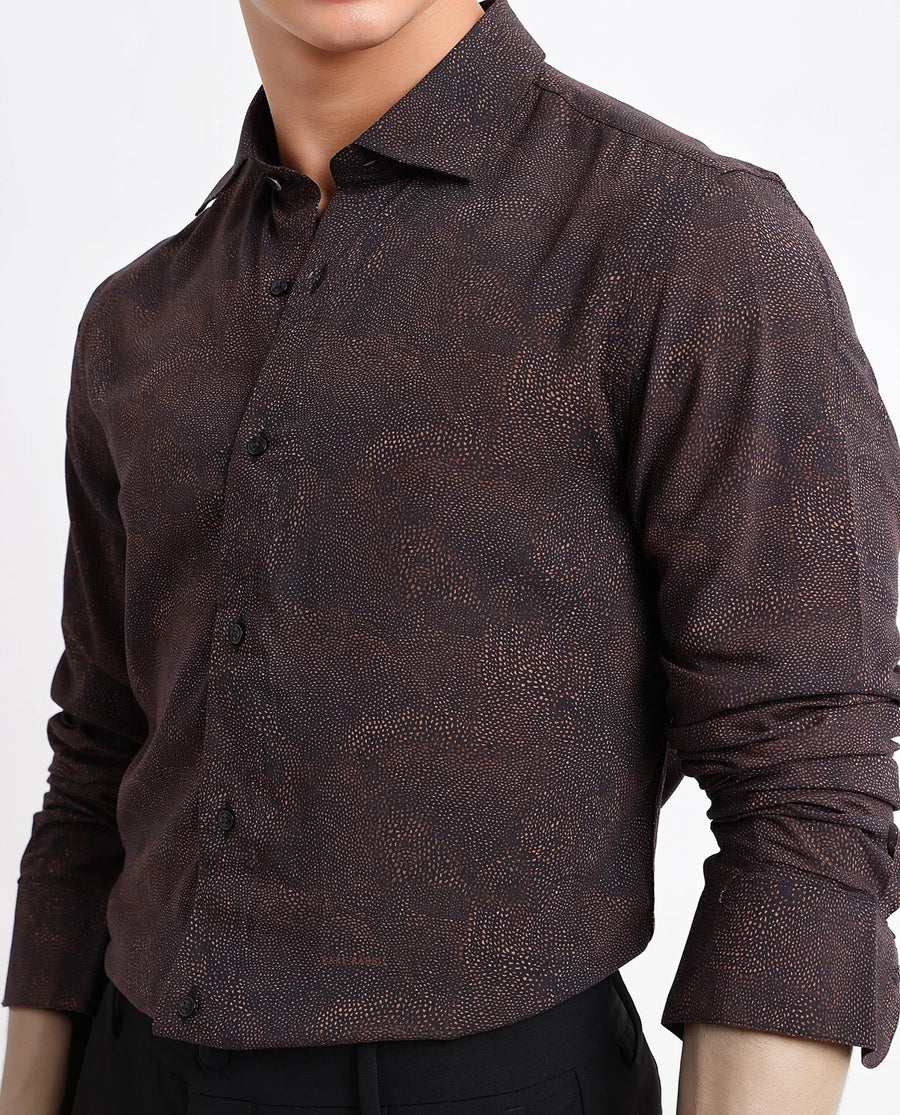 Rare Rabbit Men's Troyen Black Viscose Geometric Print Regular Fit Full Sleeve Collared Shirt