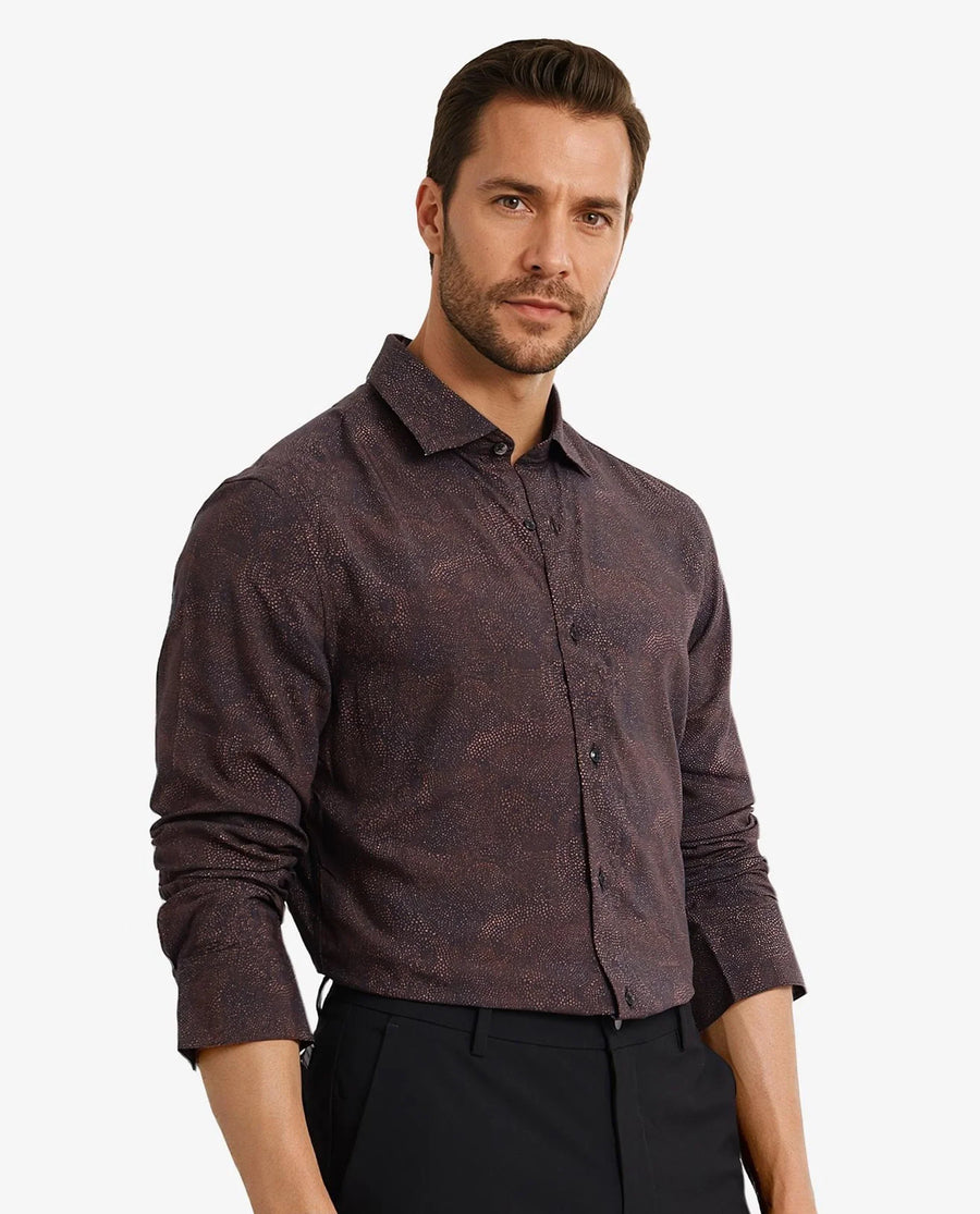 Rare Rabbit Men's Troyen Black Viscose Geometric Print Regular Fit Full Sleeve Collared Shirt