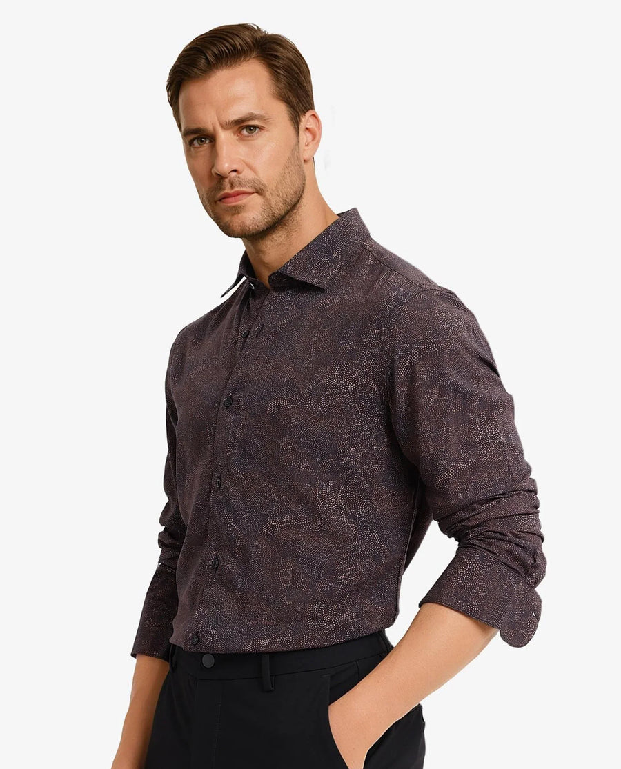 Rare Rabbit Men's Troyen Black Viscose Geometric Print Regular Fit Full Sleeve Collared Shirt