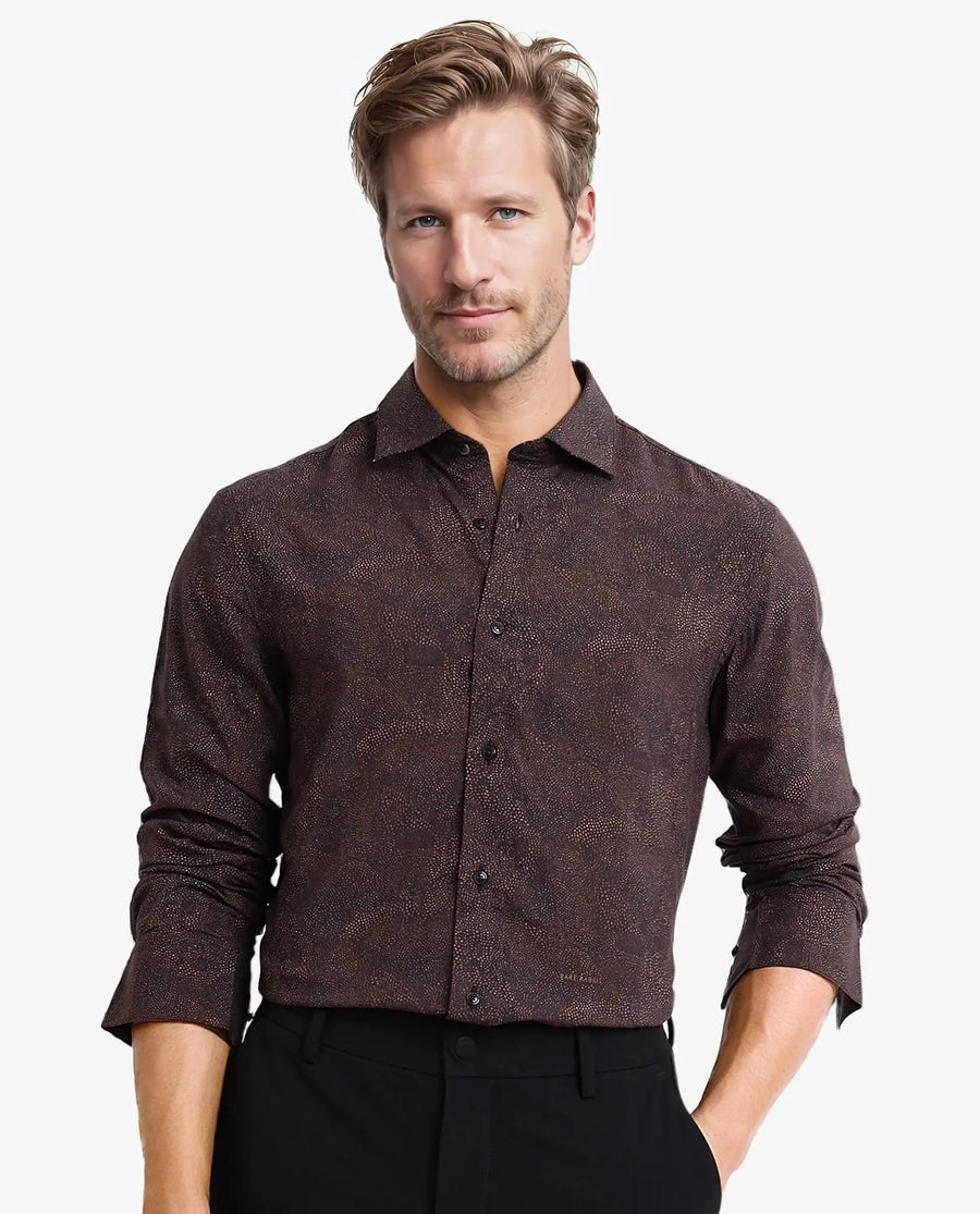 Rare Rabbit Men's Troyen Black Viscose Geometric Print Regular Fit Full Sleeve Collared Shirt