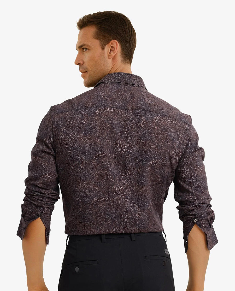 Rare Rabbit Men's Troyen Black Viscose Geometric Print Regular Fit Full Sleeve Collared Shirt