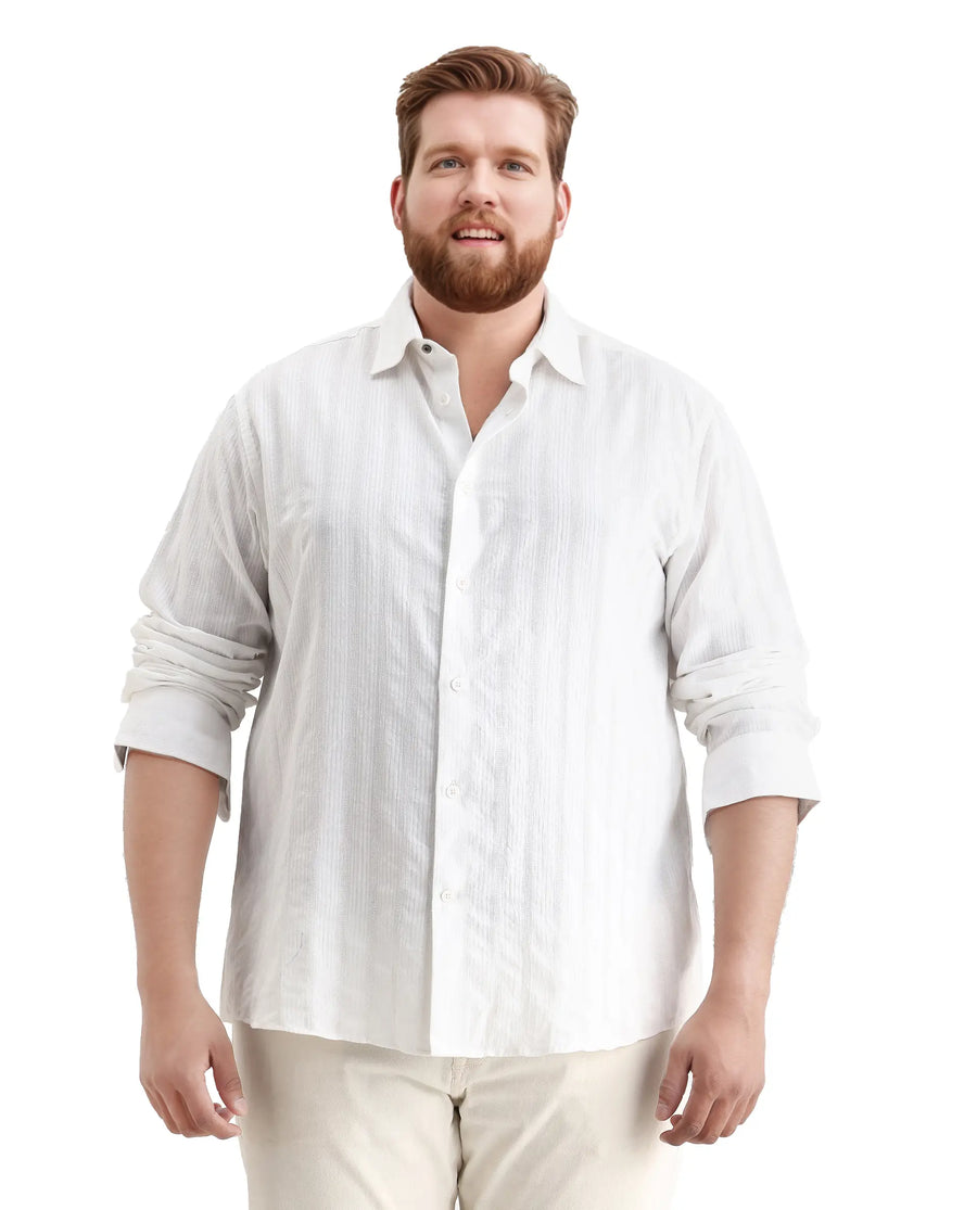 Rare Rabbit Men's Trui-Big White Cotton Fabric Full Sleeve Collared Neck Striped Shirt