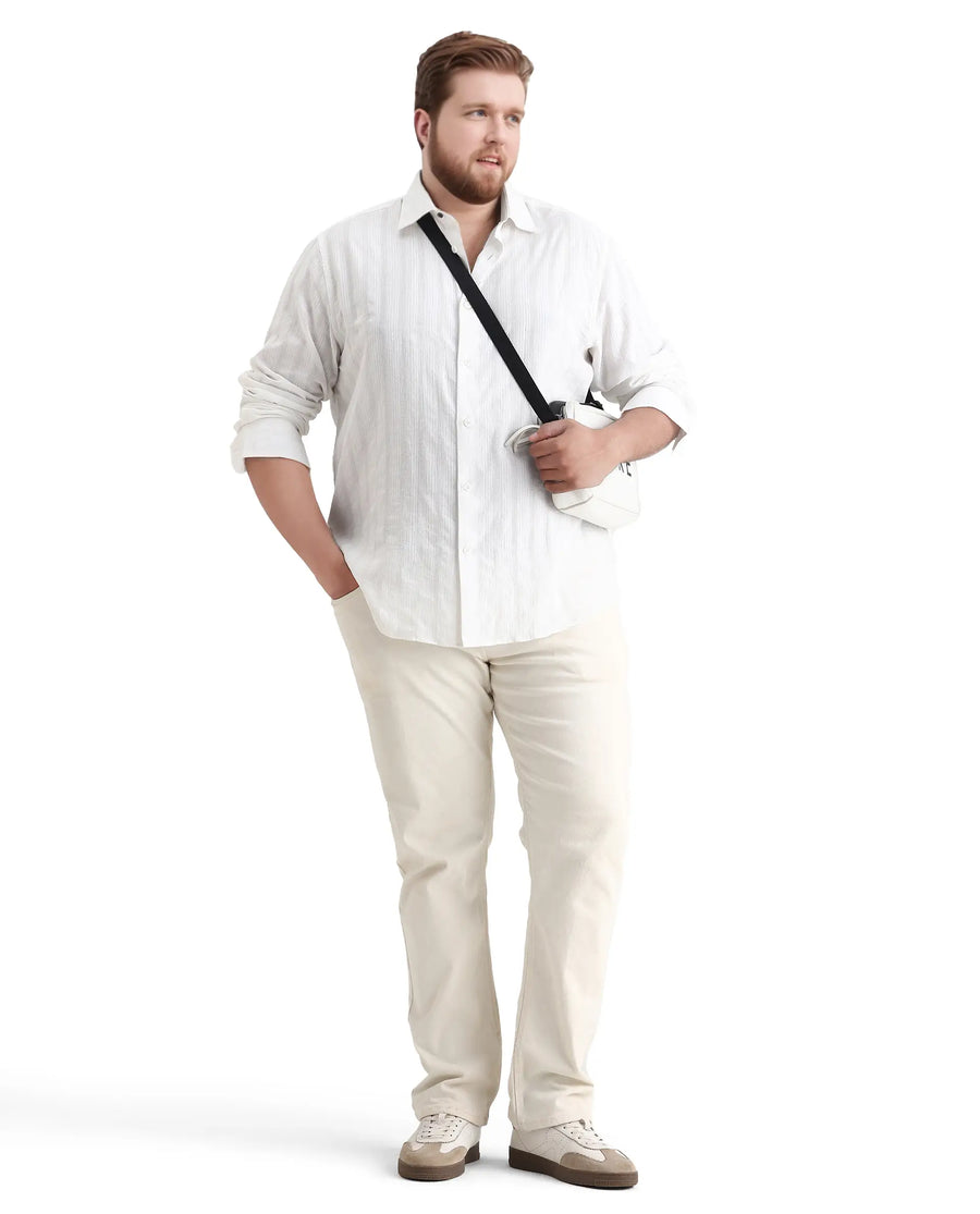 Rare Rabbit Men's Trui-Big White Cotton Fabric Full Sleeve Collared Neck Striped Shirt