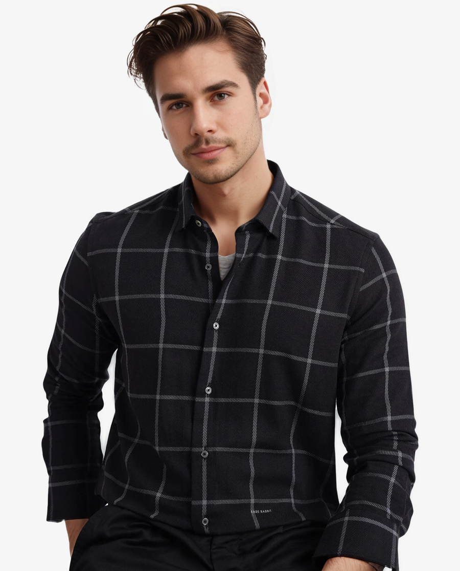 Rare Rabbit Men's Tuffah Black Cotton Checked Print Regular Fit Full Sleeve Collared Shirt