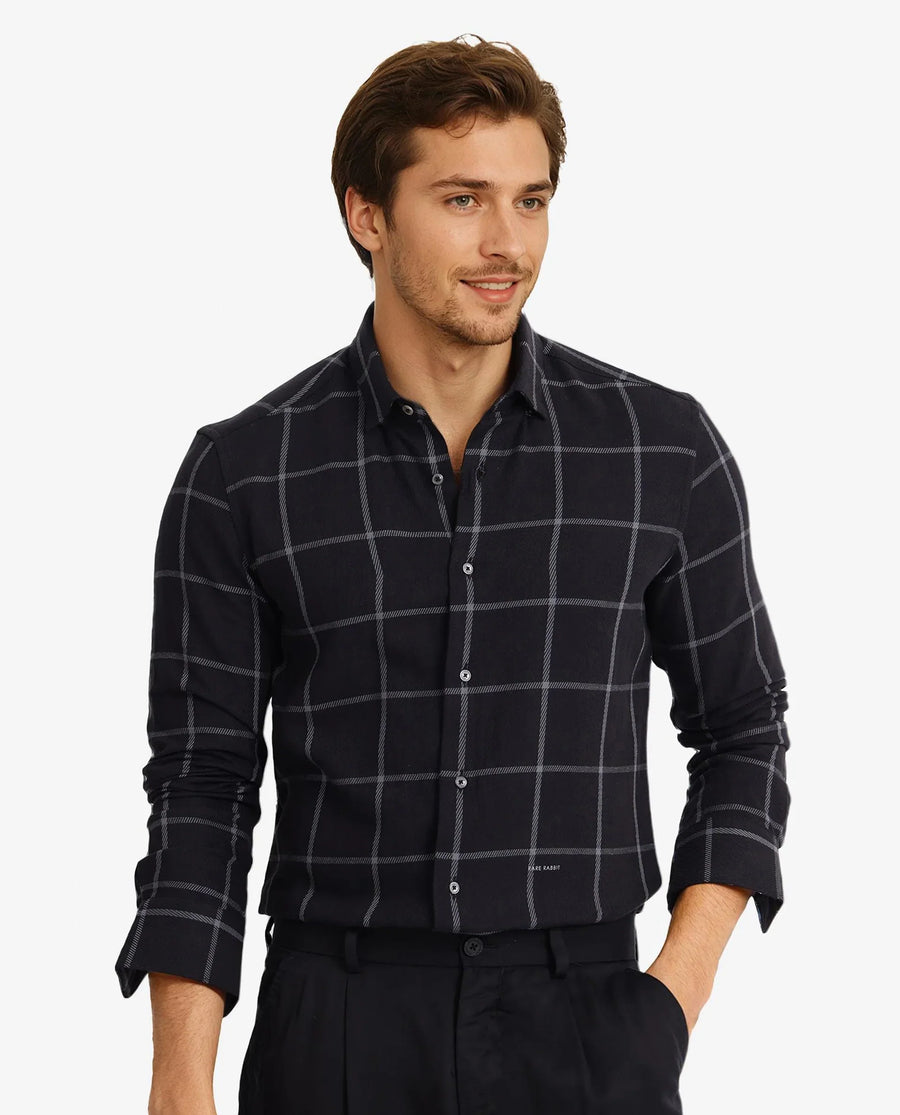 Rare Rabbit Men's Tuffah Black Cotton Checked Print Regular Fit Full Sleeve Collared Shirt