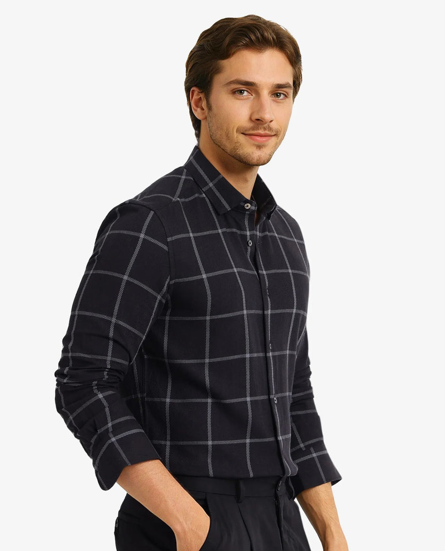Rare Rabbit Men's Tuffah Black Cotton Checked Print Regular Fit Full Sleeve Collared Shirt