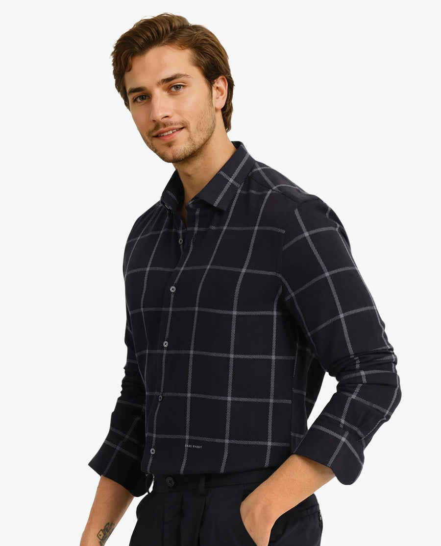 Rare Rabbit Men's Tuffah Black Cotton Checked Print Regular Fit Full Sleeve Collared Shirt