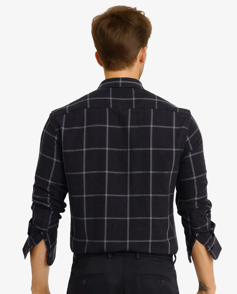 Rare Rabbit Men's Tuffah Black Cotton Checked Print Regular Fit Full Sleeve Collared Shirt